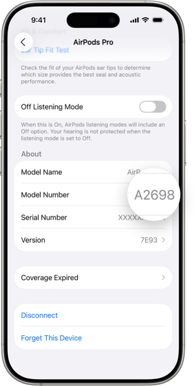 AirPodien mallinumero iPhonen Bluetooth-asetuksissa